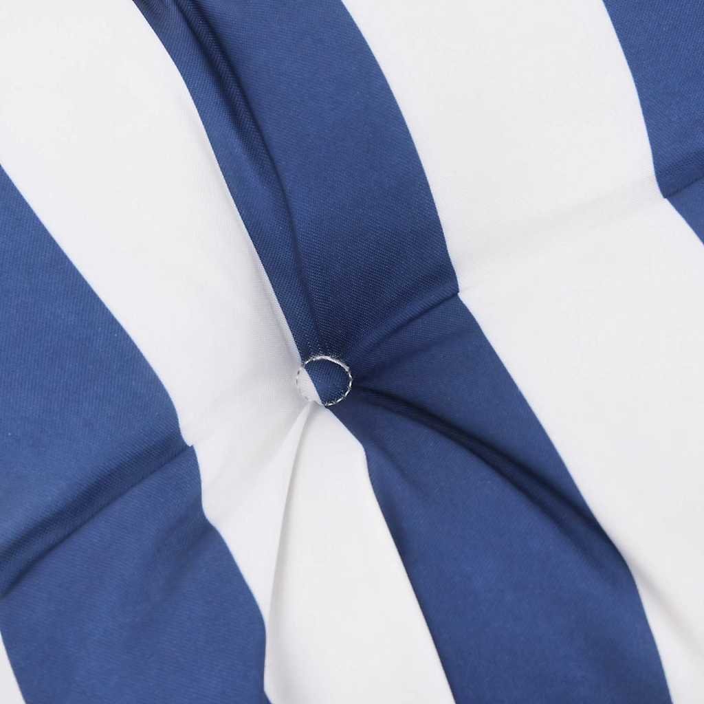 Two blue and white striped garden bench cushions, one for seat and one for back, with ties.