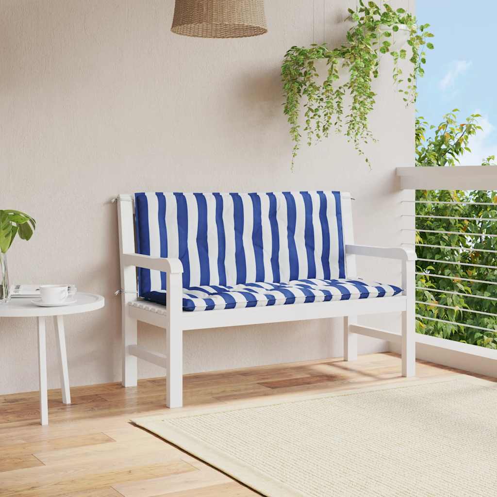 Two blue and white striped garden bench cushions on a white bench.