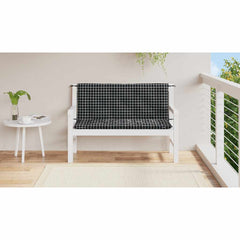 Black check garden bench cushions in water-repellent fabric with non-slip ties.