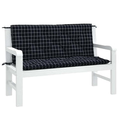 Two black check garden bench cushions made of water-repellent Oxford fabric.