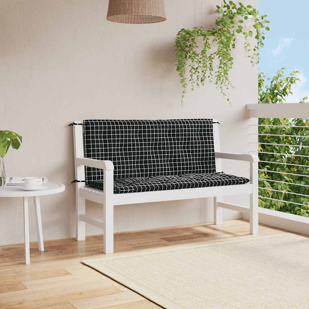 Black check garden bench cushions in water-repellent Oxford fabric, 2-piece set.