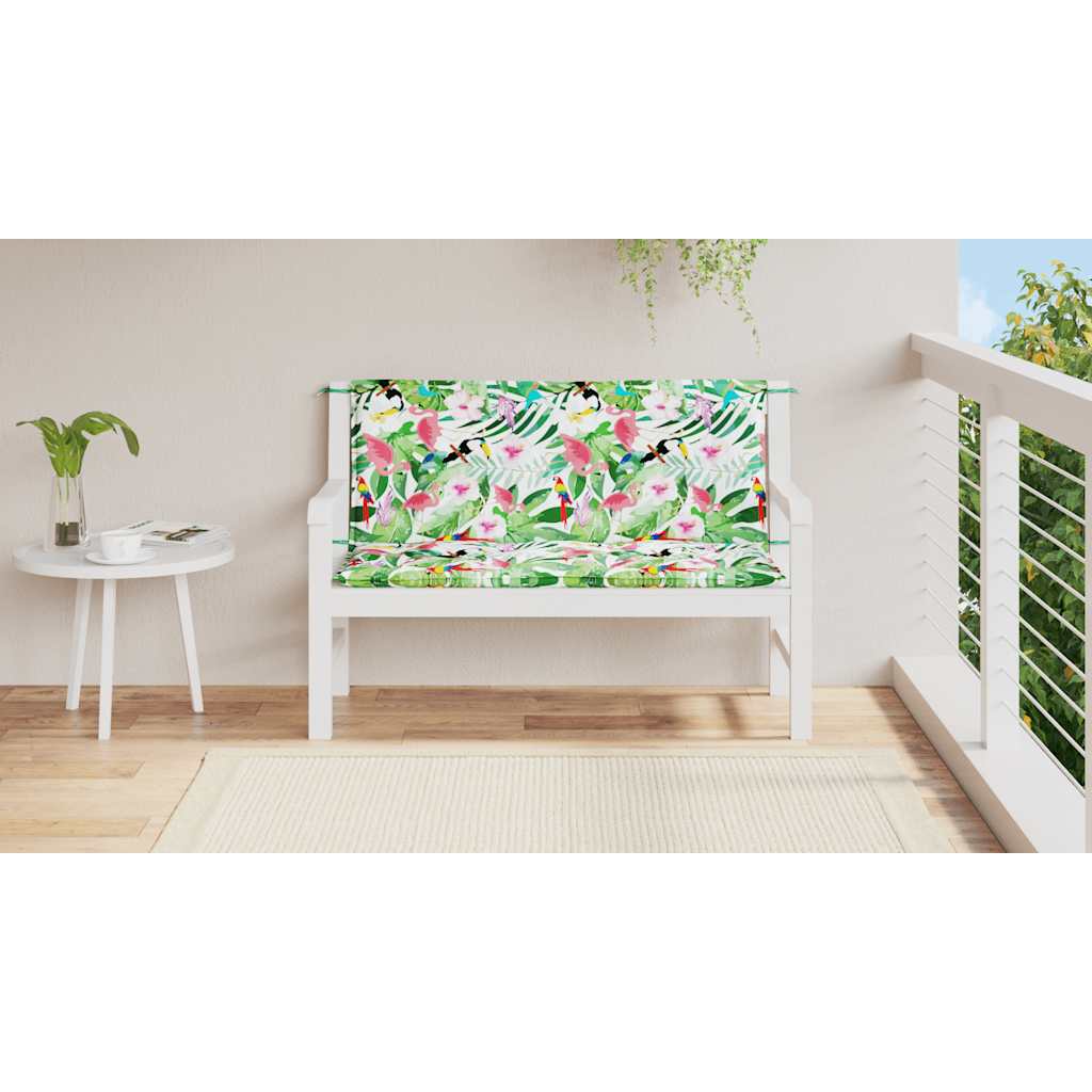 Multicolor garden bench cushions with water-repellent fabric and secure ties, 47.2 inches long.