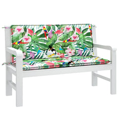 Multicolor garden bench cushions with water-repellent fabric and secure ties for stability.