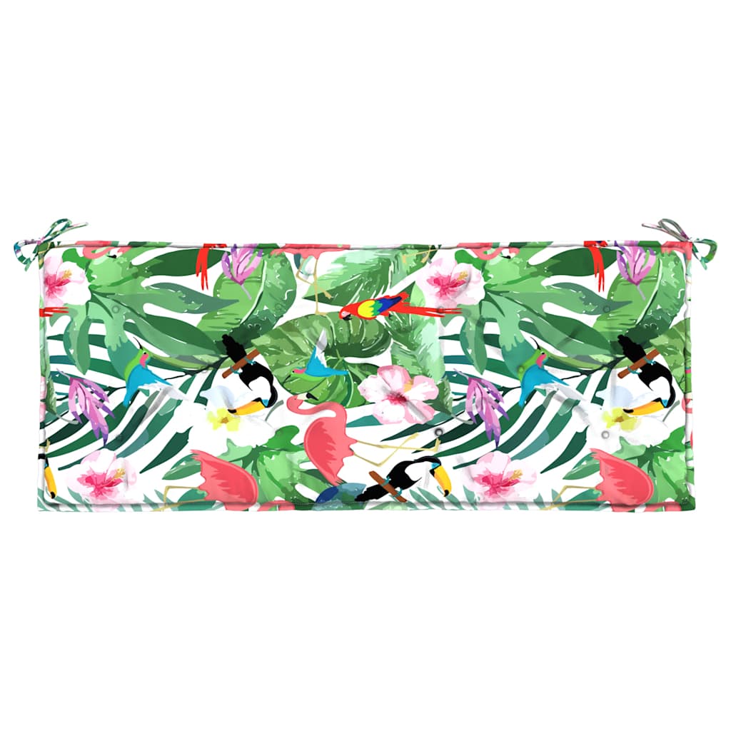 Multicolor garden bench cushions with water-repellent fabric and secure ties, 47.2 inches long.