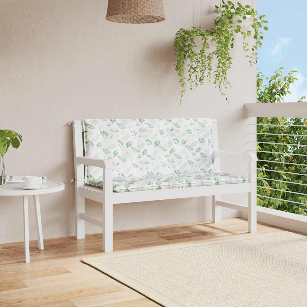 Cushions for garden bench featuring a vibrant leaf pattern, made from durable outdoor fabric.