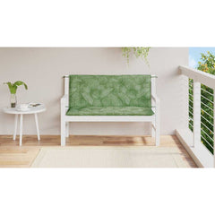 Leaf-patterned outdoor bench cushions in green and beige, measuring 47.2 x 19.7 x 2.8 inches.