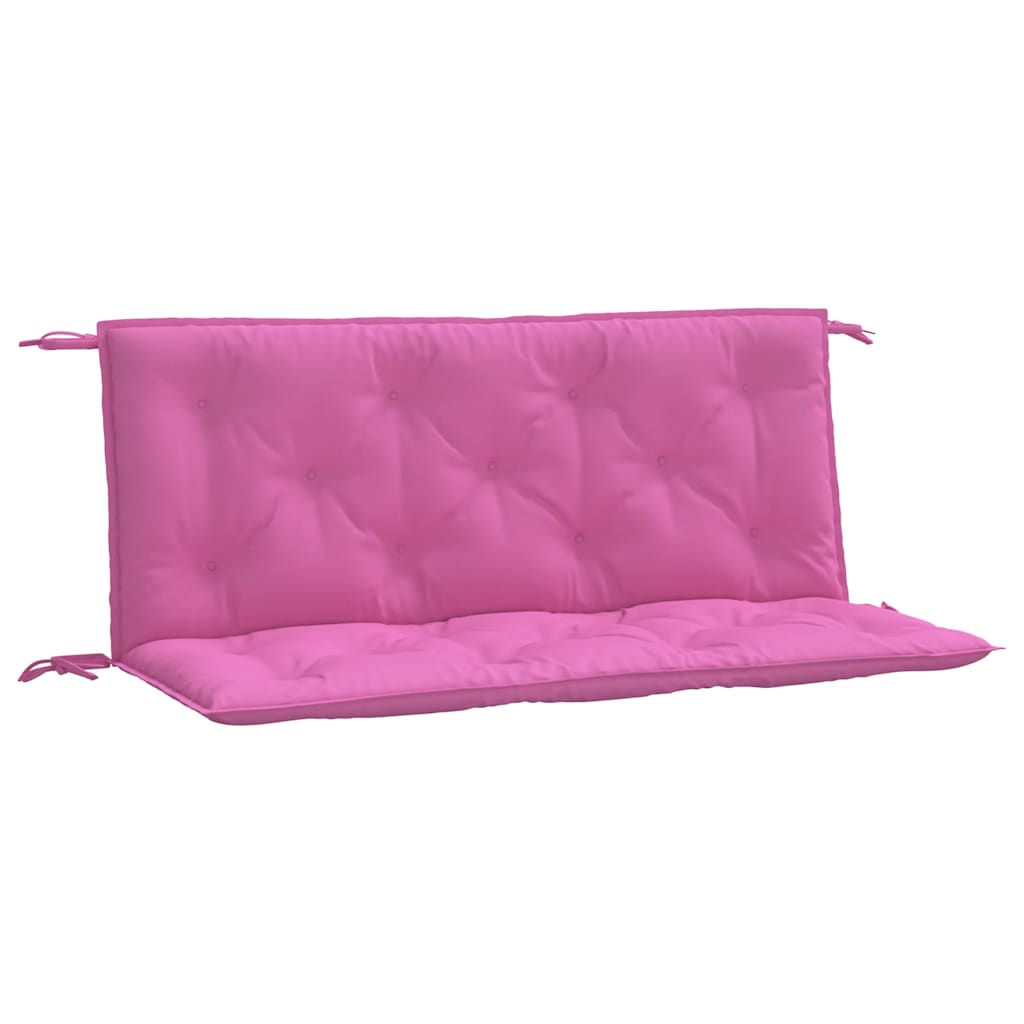 Two pink outdoor garden bench cushions, 47.2x19.7x2.8in each, with ties and tufted design.