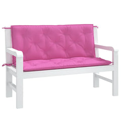 Two pink outdoor garden bench cushions, one for seat and one for back, with ties.