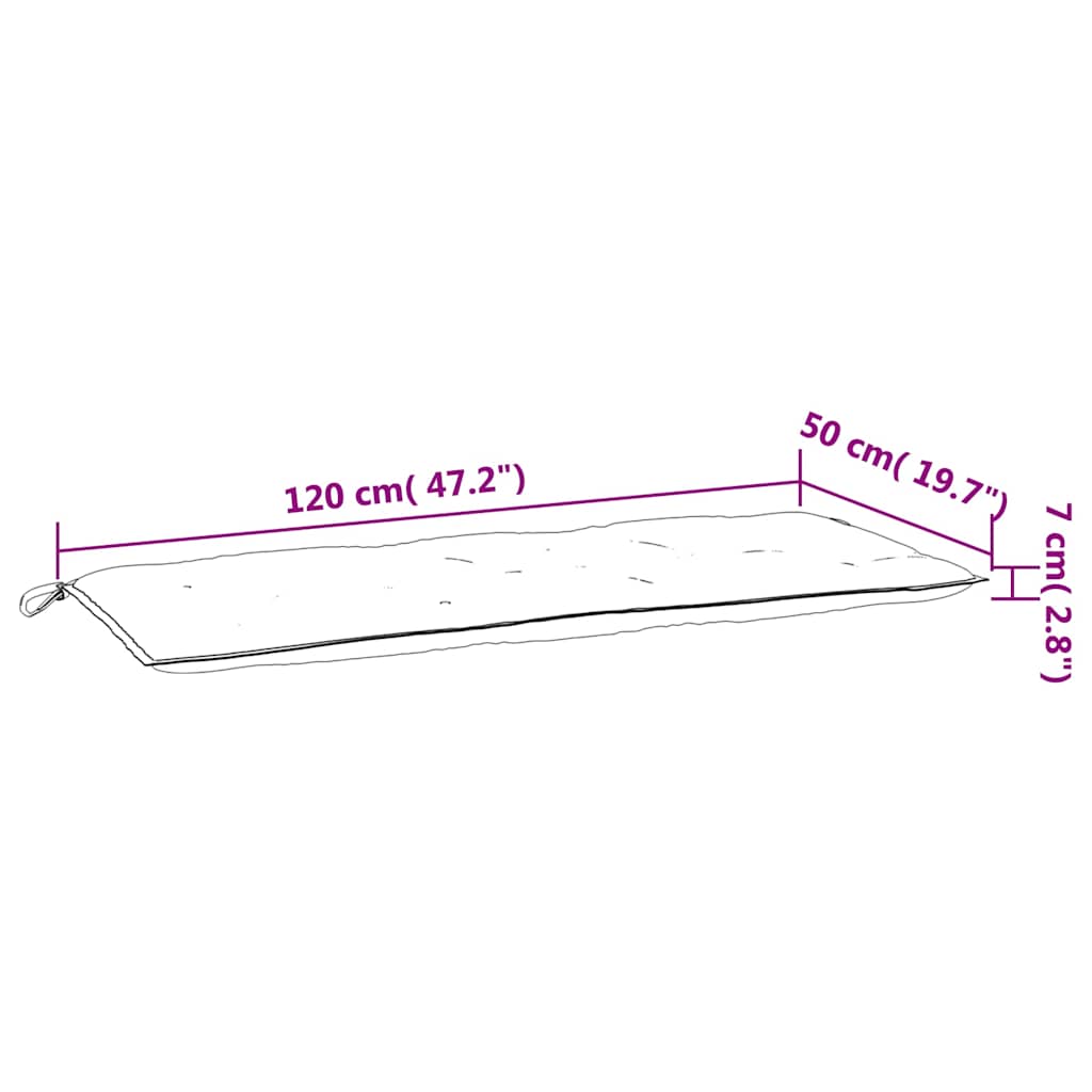 Diagram of two pink Bostome outdoor garden bench cushions, each measuring 47.2 by 19.7 by 2.8 inches.