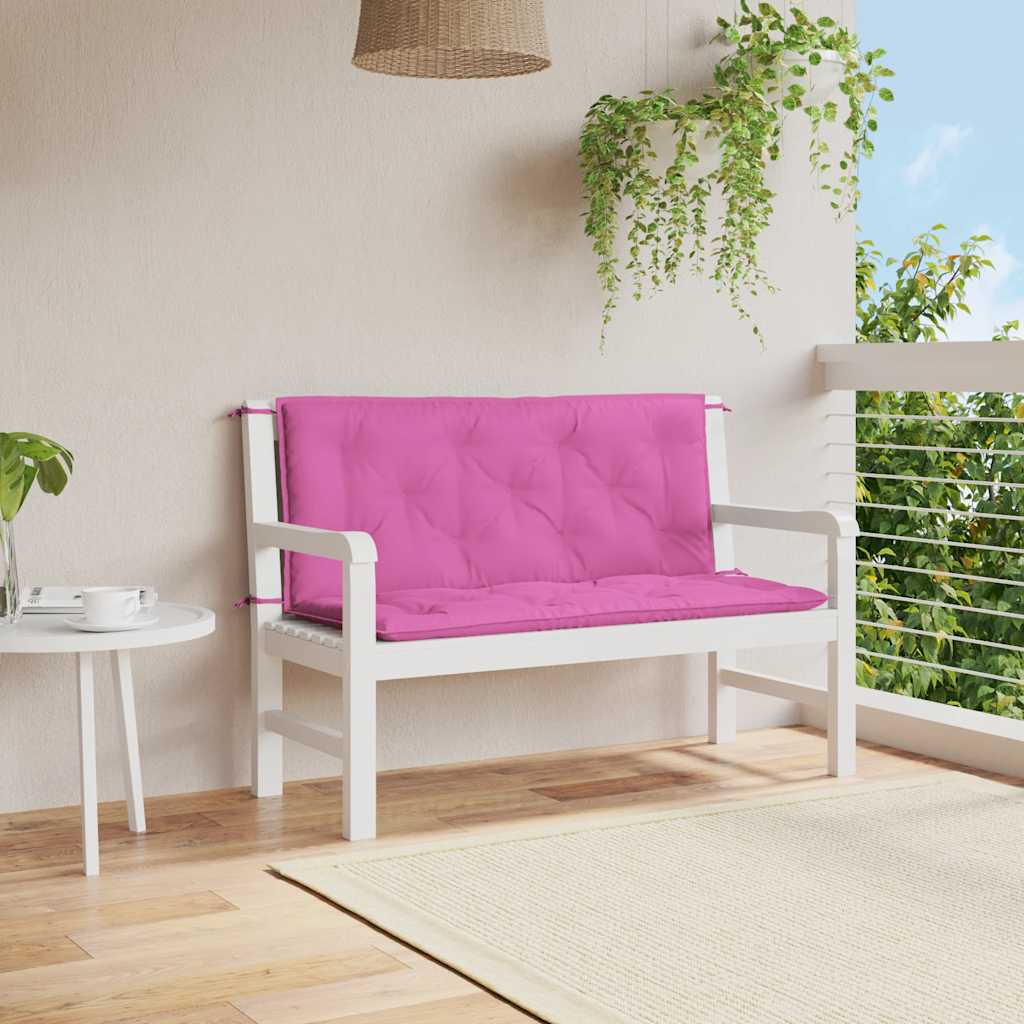 Two pink outdoor garden bench cushions, 47.2x19.7x2.8in, with ties for seat and back.