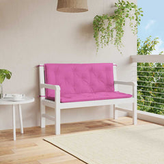 Two pink outdoor garden bench cushions, 47.2x19.7x2.8in, with ties for seat and back.