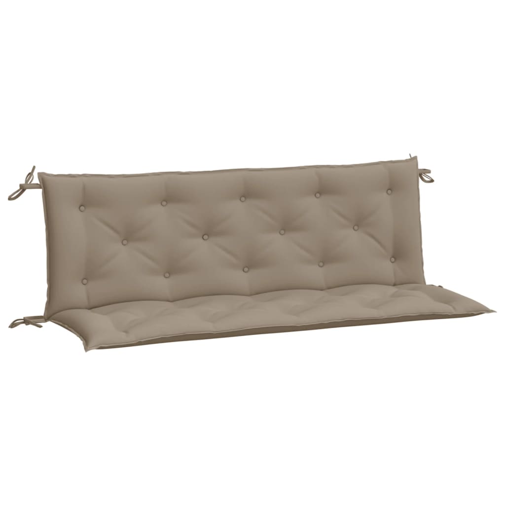 Two taupe Oxford fabric garden bench cushions with tufted design and ties.