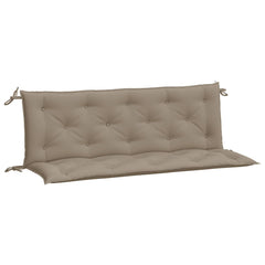 Two taupe Oxford fabric garden bench cushions with tufted design and ties.