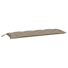 Two taupe Oxford fabric garden bench cushions with tufted design and ties.