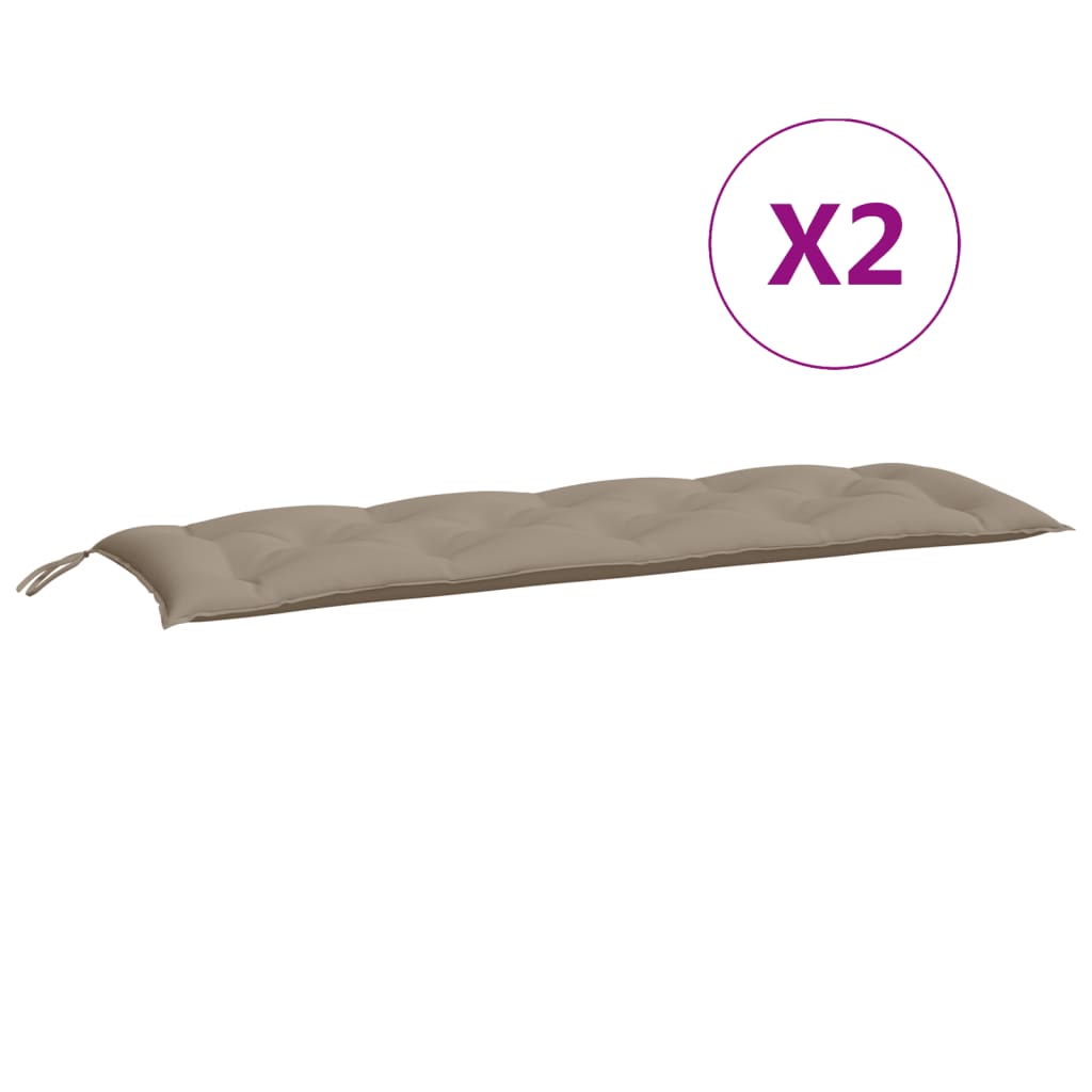 Two taupe Oxford fabric garden bench cushions with tufted design and ties.