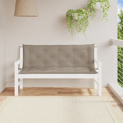 Two taupe Bostome garden bench cushions made of Oxford fabric, with ties, on a white bench.