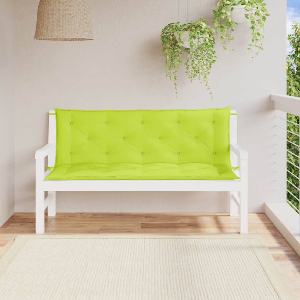 Bright green Oxford fabric garden bench cushions with seat and back pads.