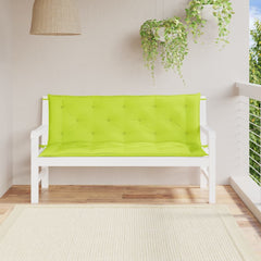 Bright green Oxford fabric garden bench cushions with seat and back pads.