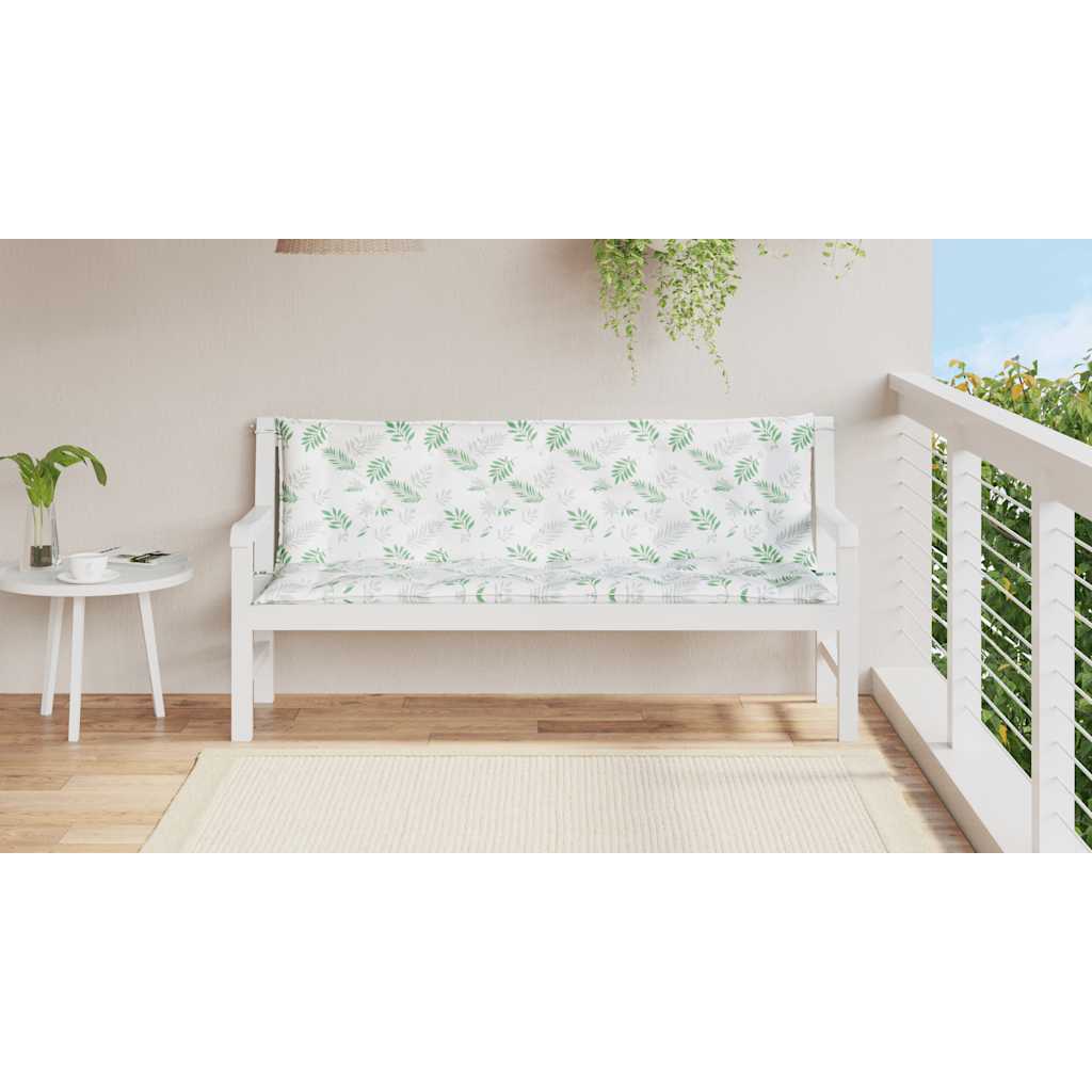 Leaf pattern outdoor bench cushions in water-repellent fabric, 59.1 inches long.