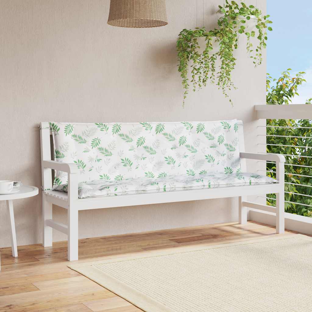 Leaf pattern outdoor bench cushions in water-repellent fabric, 59.1 inches long.