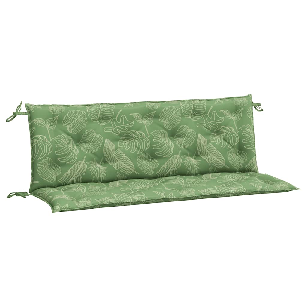Two green leaf-patterned garden bench cushions, 59.1x19.7x2.8 inches, with ties.