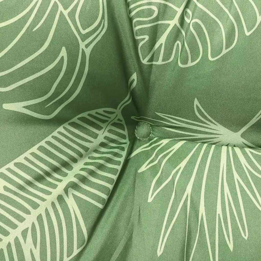 Two green leaf-patterned garden bench cushions with tufted centers and ties.