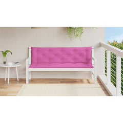 Two-piece pink garden bench cushions with tufted fabric and non-slip ties on white bench