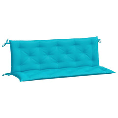 Two-piece turquoise garden bench cushions with tufted design and tie straps.