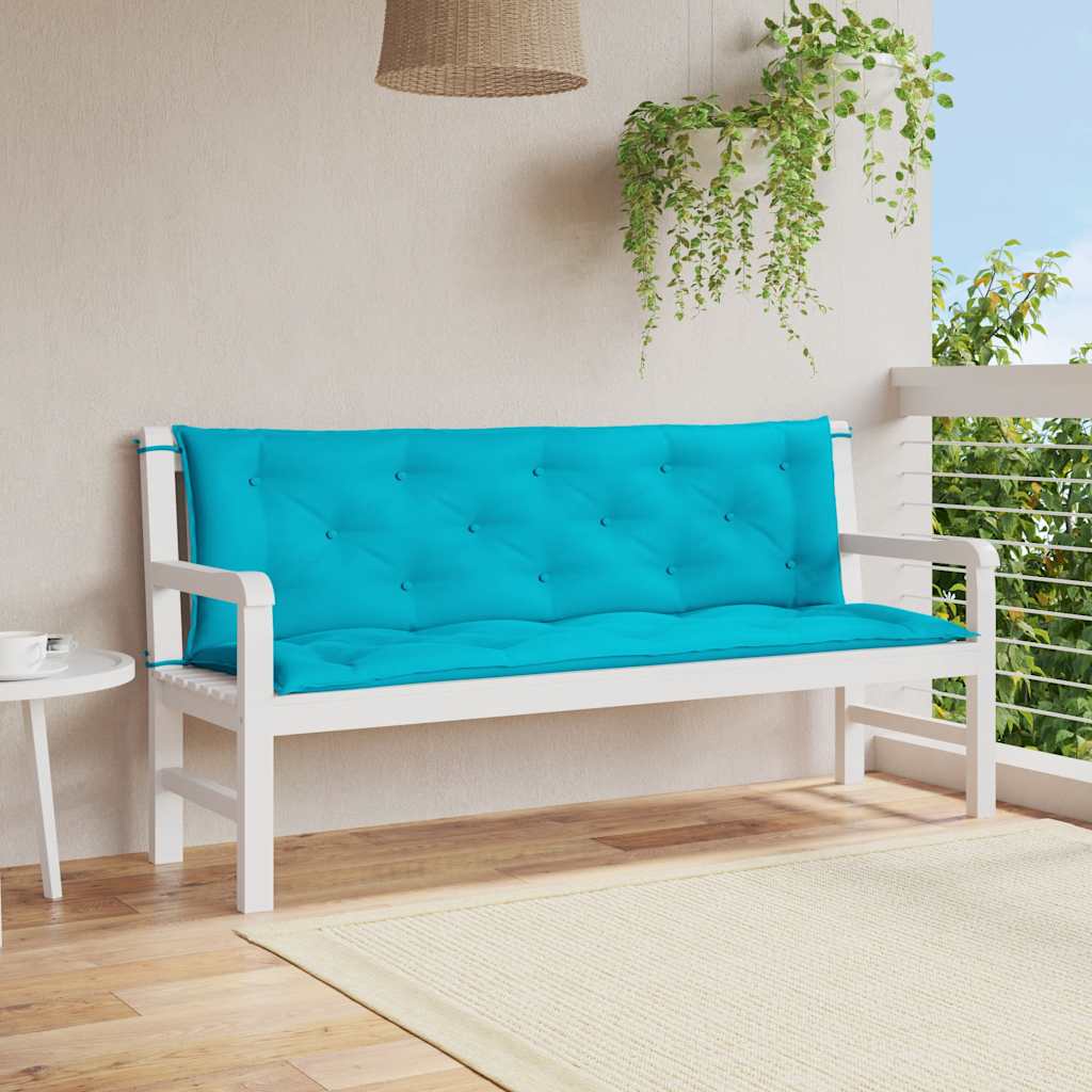 Two turquoise garden bench cushions with tufted design, measuring 59.1x19.7x2.8 inches each.