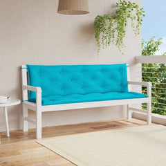 Two turquoise garden bench cushions with tufted design, measuring 59.1x19.7x2.8 inches each.
