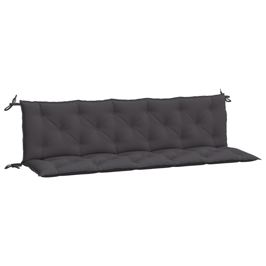 Two anthracite Oxford fabric garden bench cushions with tufted design and ties.