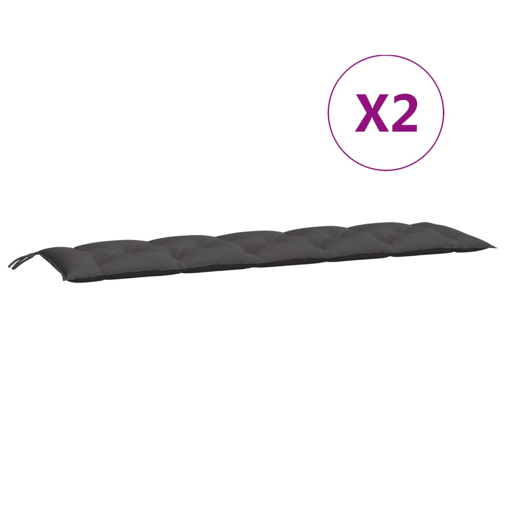 Two anthracite Oxford fabric garden bench cushions with tufted design and ties.
