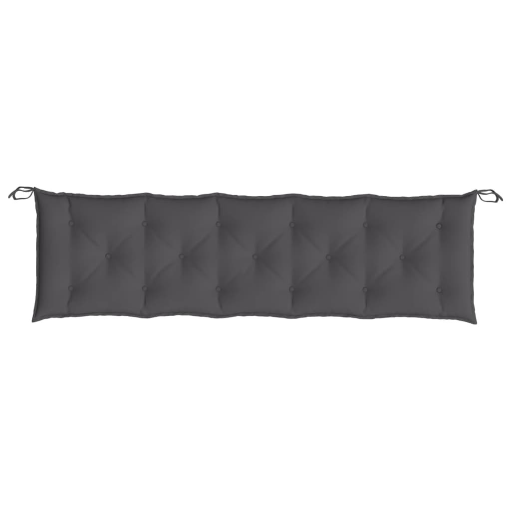 Two anthracite Oxford fabric garden bench cushions with tufted design and ties.
