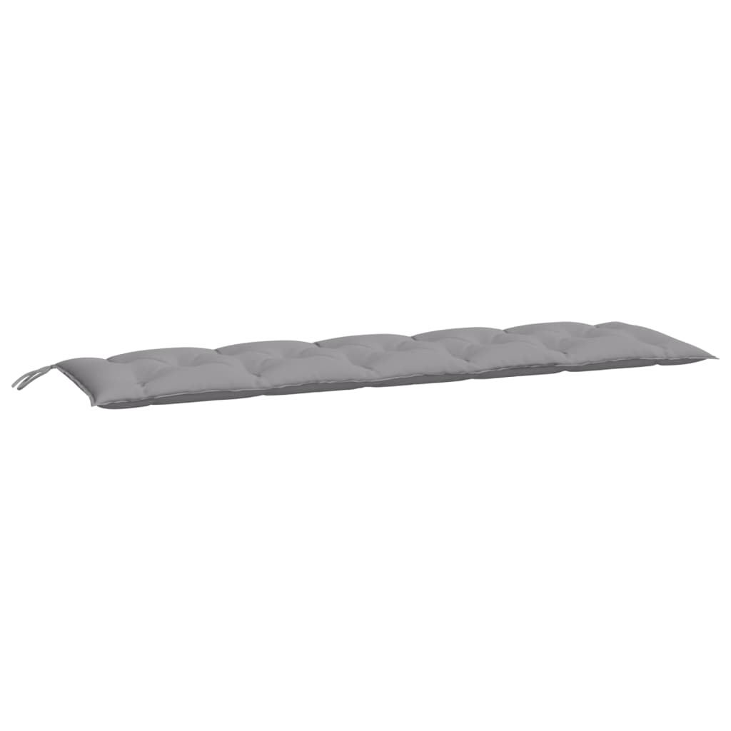Two gray Oxford fabric garden bench cushions with tufted design and securing ropes.