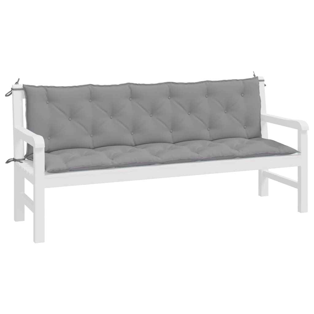 Two-piece gray Oxford fabric garden bench cushions with tufted design and ties.