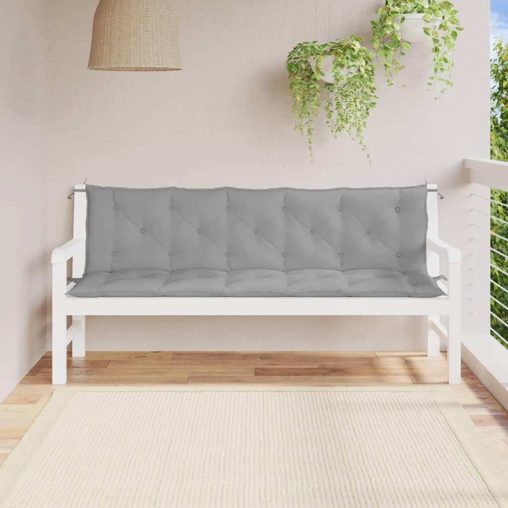 Two gray Oxford fabric garden bench cushions with tufted design and non-slip ropes.