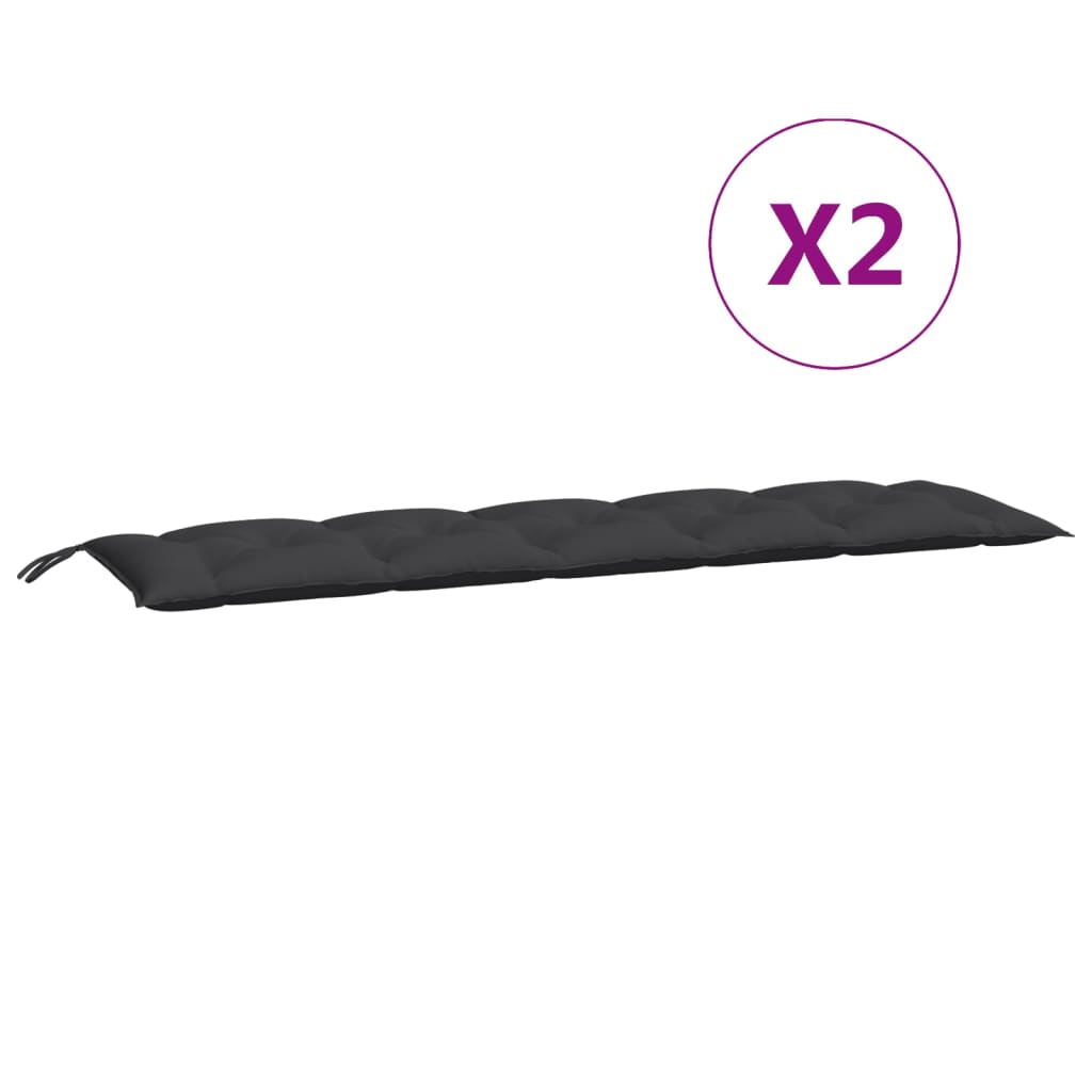 Two black Oxford fabric garden bench cushions, each 70.9x19.7x2.8 inches, with attachment ropes.