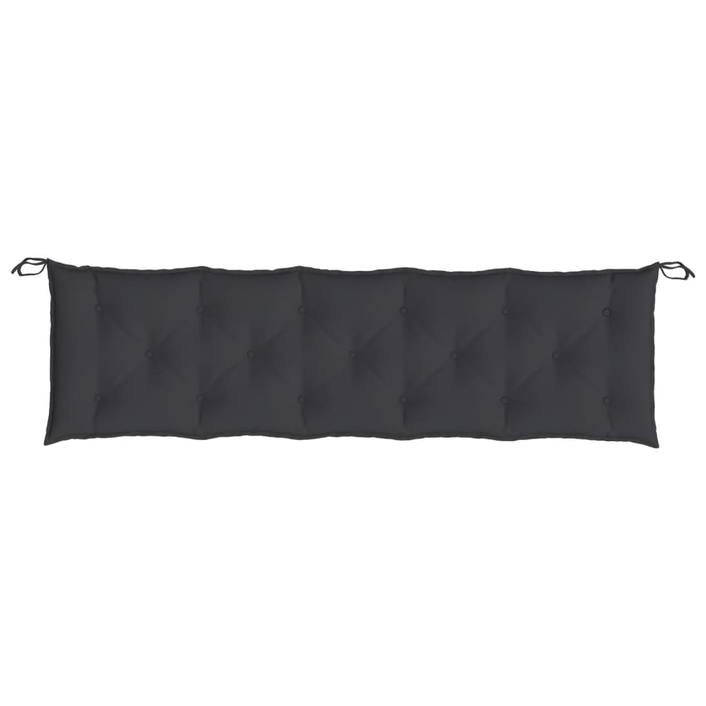 Two black Oxford fabric garden bench cushions with tufted design and tie-down ropes, 70.9x19.7x2.8 inches each.