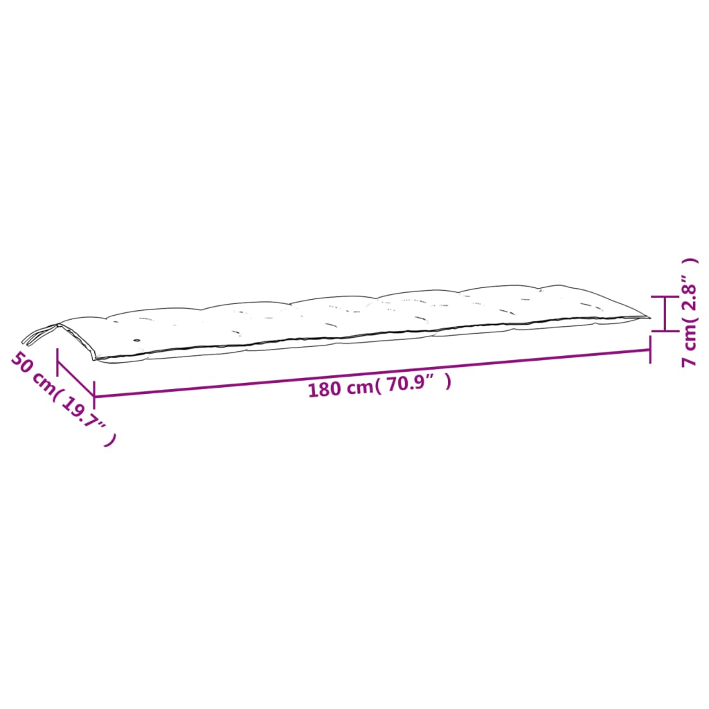 Diagram of a rectangular bench cushion measuring 180 cm by 50 cm by 18 cm.