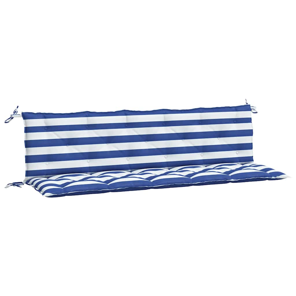 Two blue and white striped garden bench cushions with ties, shown front and back.