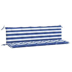 Two blue and white striped garden bench cushions with ties, shown front and back.