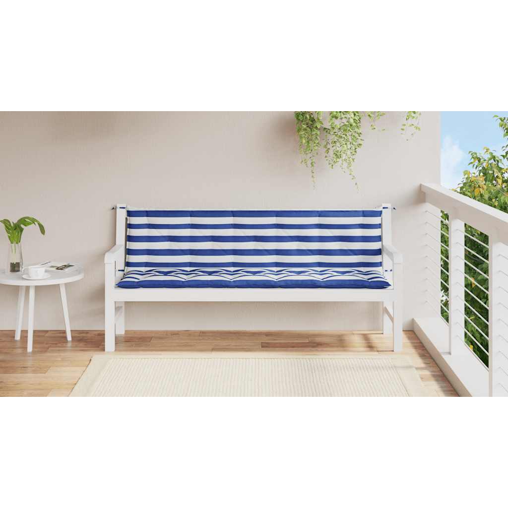 Two blue and white striped garden bench cushions with ties for outdoor use.