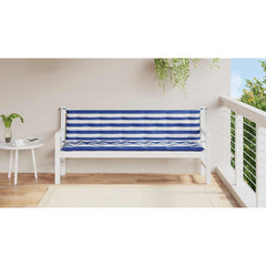 Two blue and white striped garden bench cushions with ties for outdoor use.