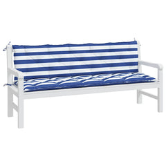 Two blue and white striped garden bench cushions with ties, shown on a white bench.