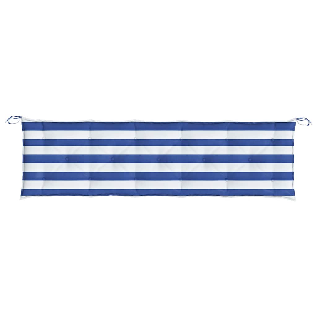 Two blue and white striped garden bench cushions with ties for outdoor use.