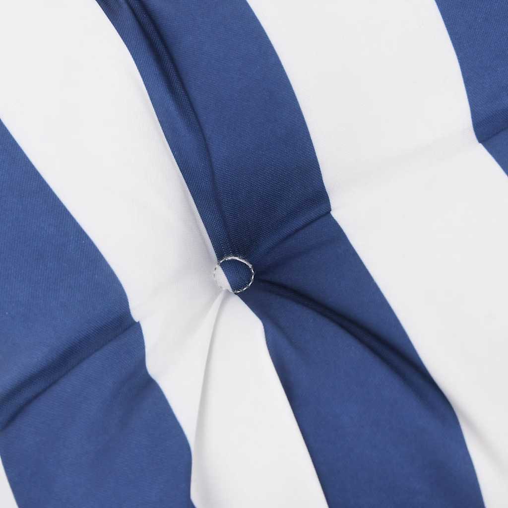 Two blue and white striped garden bench cushions with tufted detailing.