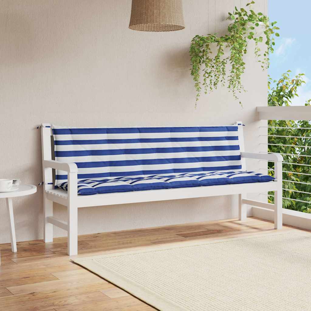 Two blue and white striped garden bench cushions with ties, shown on a white bench.