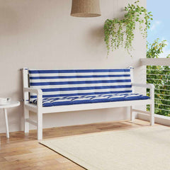 Two blue and white striped garden bench cushions with ties, shown on a white bench.
