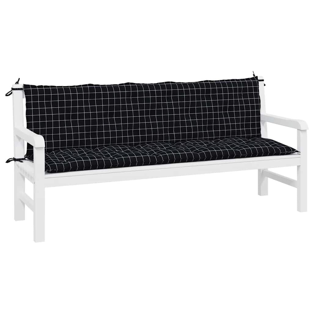 Two black check Oxford fabric garden bench cushions with ties, designed for outdoor use.