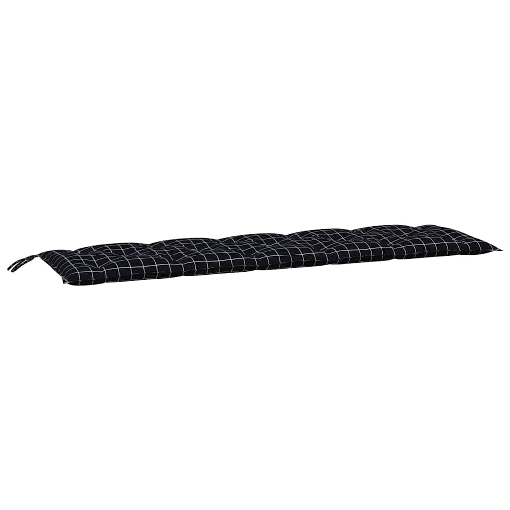 Two black check Oxford fabric garden bench cushions, each 70.9 inches long with ties.